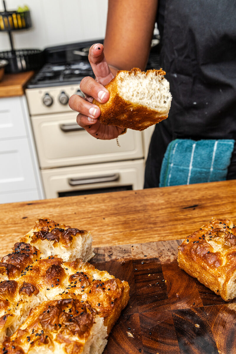 Hand-torn freshly baked focaccia